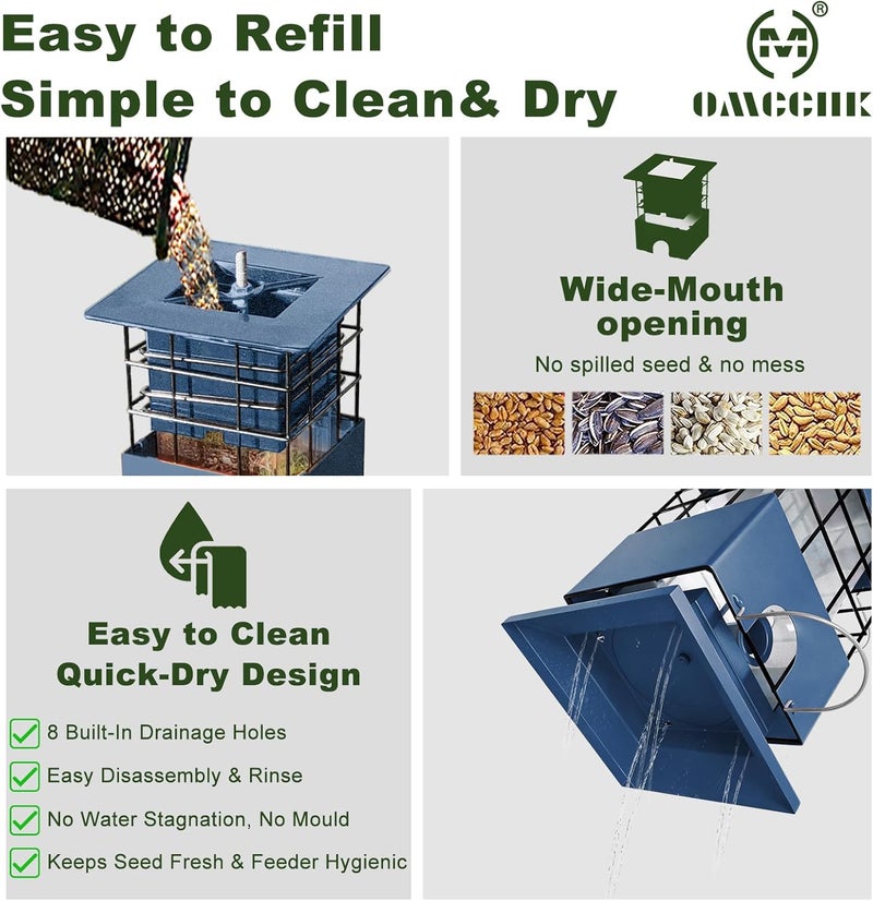 OMCCHK Squirrel Proof Bird Feeder, Niger Seed Bird Feeder w/4 Feeding Ports, Rat Proof Hanging Bird Feeders for Small Birds, Bird Seed Feeder, Metal Wild Bird Feeding Station for Garden (3LB, Blue) - Image 3