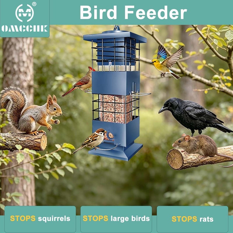 OMCCHK Squirrel Proof Bird Feeder, Niger Seed Bird Feeder w/4 Feeding Ports, Rat Proof Hanging Bird Feeders for Small Birds, Bird Seed Feeder, Metal Wild Bird Feeding Station for Garden (3LB, Blue) - Image 2