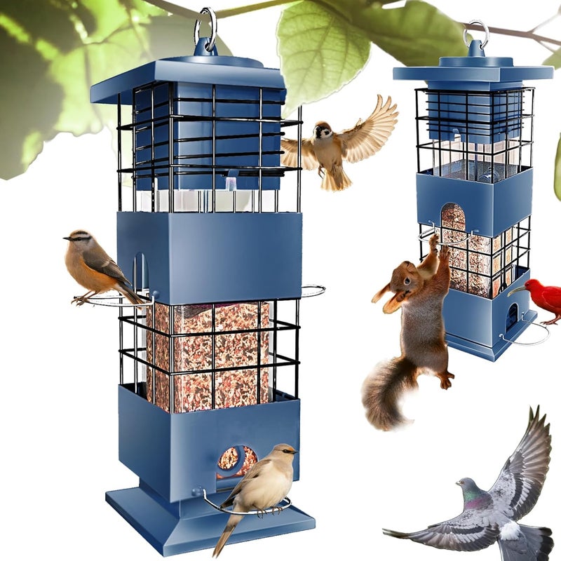 OMCCHK Squirrel Proof Bird Feeder, Niger Seed Bird Feeder w/4 Feeding Ports, Rat Proof Hanging Bird Feeders for Small Birds, Bird Seed Feeder, Metal Wild Bird Feeding Station for Garden (3LB, Blue) - Image 1