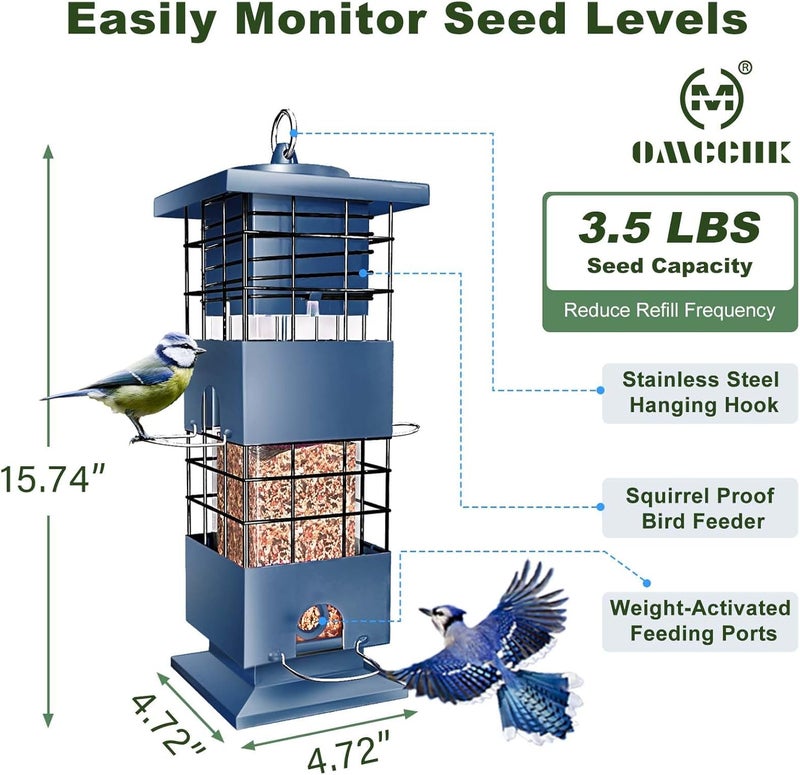 OMCCHK Squirrel Proof Bird Feeder, Niger Seed Bird Feeder w/4 Feeding Ports, Rat Proof Hanging Bird Feeders for Small Birds, Bird Seed Feeder, Metal Wild Bird Feeding Station for Garden (3LB, Blue) - Image 5