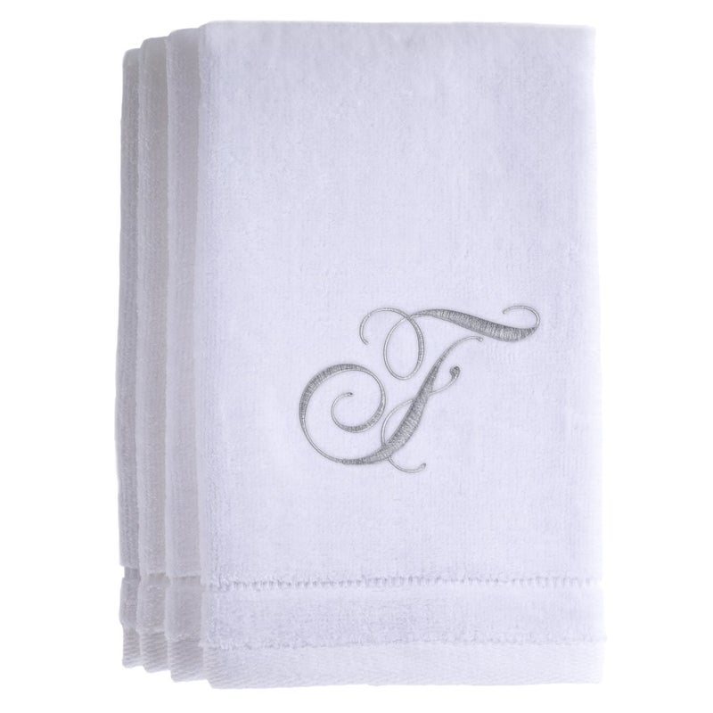 Creative Scents Monogrammed Towels Fingertip Personalized Gift 11 x 18 Inches  Set of 4 Silver Embroidered Towel  Extra Absorbent 100 Cotton Soft Velour Finish  For Bathroom Kitchen Spa Initial F White