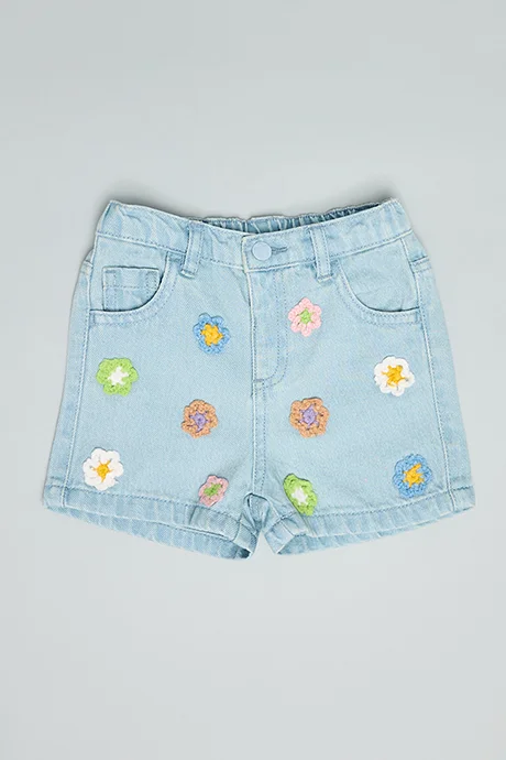 R&B Embroidered Denim Shorts with Button Closure
