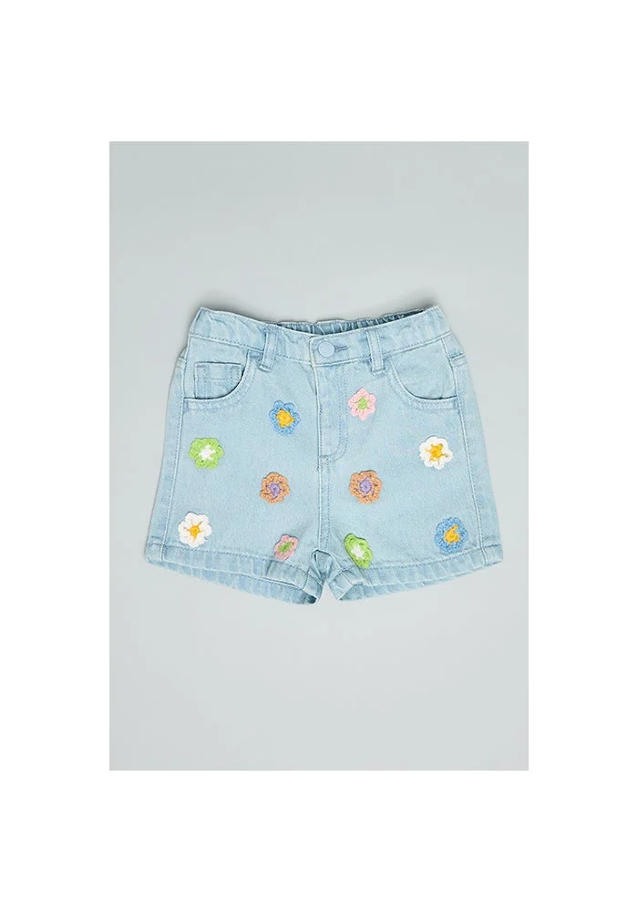 R&b Embroidered Denim Shorts with Button Closure