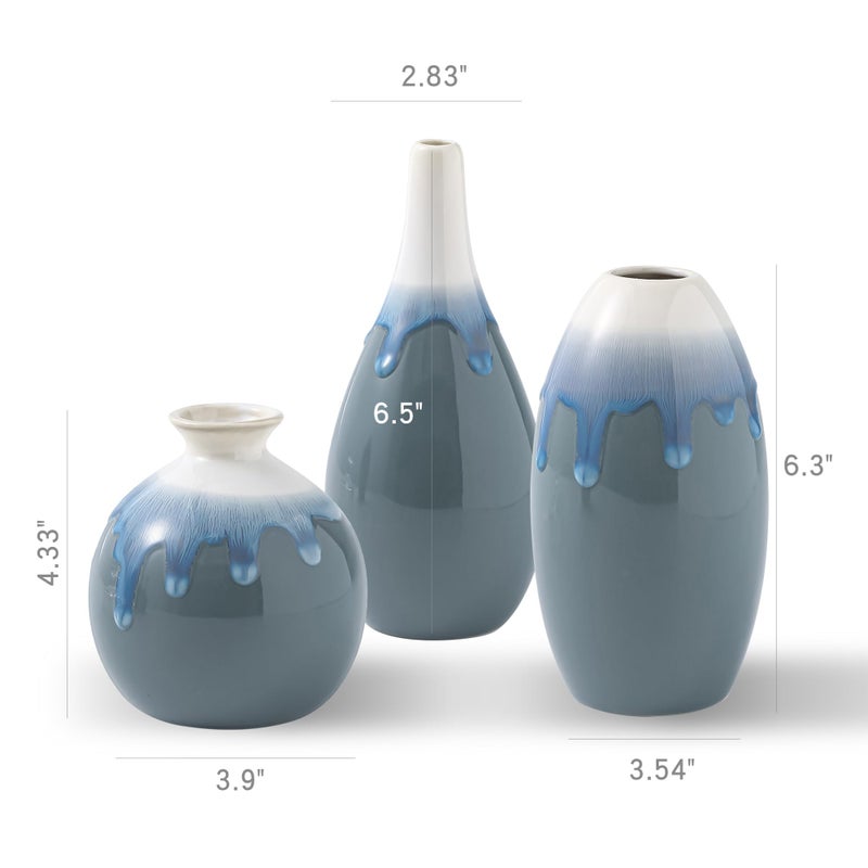 SiegenPro Ceramic Vase Set of 3, Farmhouse Decor, Home Decorative Vases for Kitchen, Bedroom, Office, Living Room, Bathroom, Shelf Centerpiece Table, Terracotta Pottery Vases Set Gift Blue - Image 4