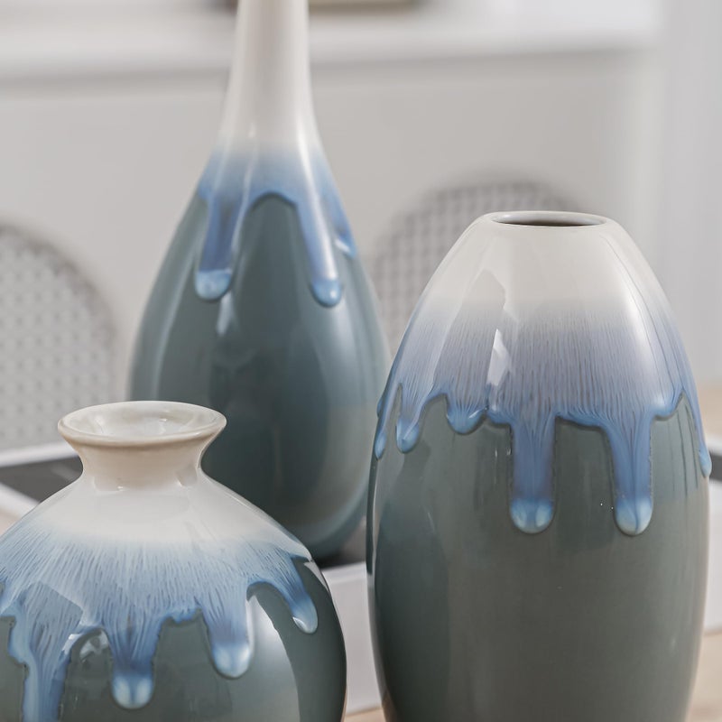 SiegenPro Ceramic Vase Set of 3, Farmhouse Decor, Home Decorative Vases for Kitchen, Bedroom, Office, Living Room, Bathroom, Shelf Centerpiece Table, Terracotta Pottery Vases Set Gift Blue - Image 2