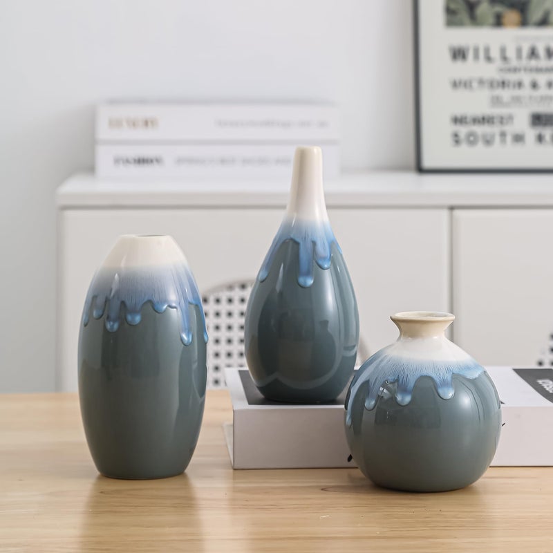 SiegenPro Ceramic Vase Set of 3, Farmhouse Decor, Home Decorative Vases for Kitchen, Bedroom, Office, Living Room, Bathroom, Shelf Centerpiece Table, Terracotta Pottery Vases Set Gift Blue - Image 5