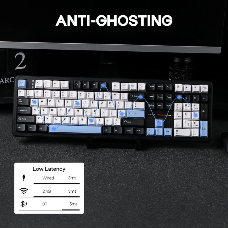 EPOMAKER AULA F108 لوحة مفاتيح الألعاب اللاسلكية ، لوحة مفاتيح ميكانيكية كاملة الحجم مع بطارية 4000mAh ، 108 مفاتيح قابلة للتبديل الساخن والقابلة للبرمجة ، إضاءة خلفية RGB ، لـ Mac / PC / Android (أزرق وأبيض وأسود) - Image 4