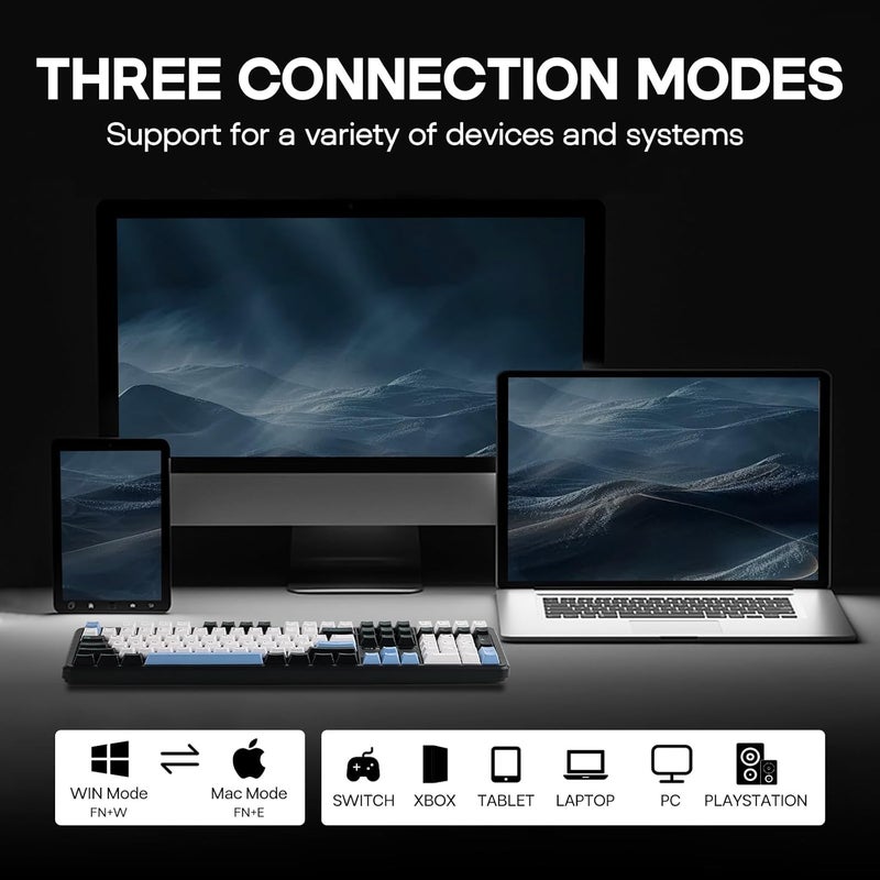 EPOMAKER AULA F108 لوحة مفاتيح الألعاب اللاسلكية ، لوحة مفاتيح ميكانيكية كاملة الحجم مع بطارية 4000mAh ، 108 مفاتيح قابلة للتبديل الساخن والقابلة للبرمجة ، إضاءة خلفية RGB ، لـ Mac / PC / Android (أزرق وأبيض وأسود) - Image 3