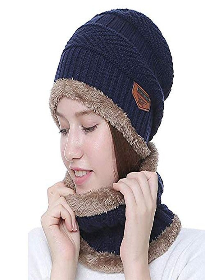 Malvina 2Pcs Girl's Winter Knitted Hats+ Scarf Set|Warm Fleece Lining Cap with Neckwarmer (Blue, Freesize) - Image 1