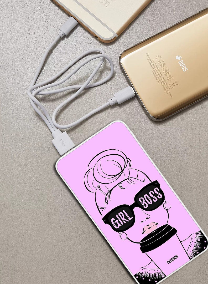 Theodor 10,000 mAh Super Fast Charging Ultra Compact Power Bank with Quick Charge & Power Delivery, Portable Charger For iPhone and Android Girl Boss Pink Background - Image 2