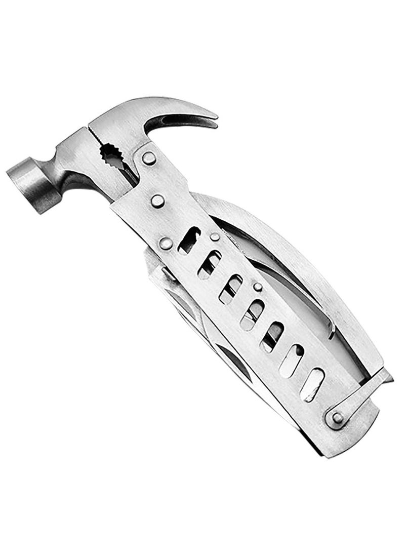 12 in 1 multifunctional tool. Tools include a hammer, hatchet, and pliers on one end, and a handle that contains a folding knife blade, Phillips screwdriver, saw blade, bottle opener/wrench combinatio