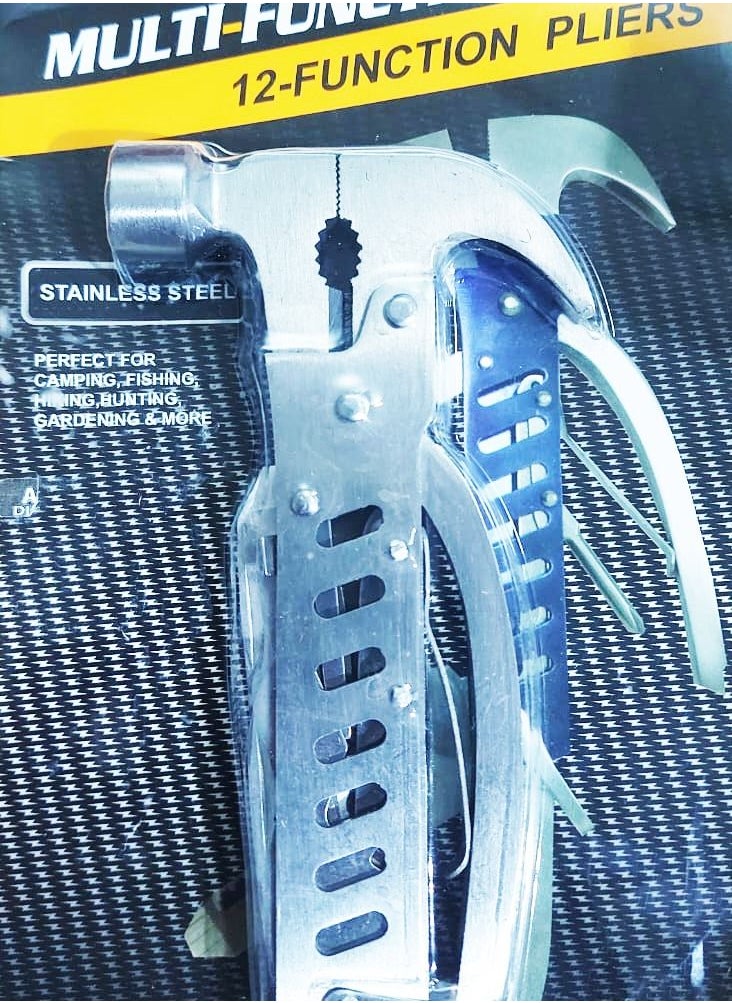 12 in 1 multifunctional tool. Tools include a hammer, hatchet, and pliers on one end, and a handle that contains a folding knife blade, Phillips screwdriver, saw blade, bottle opener/wrench combinatio