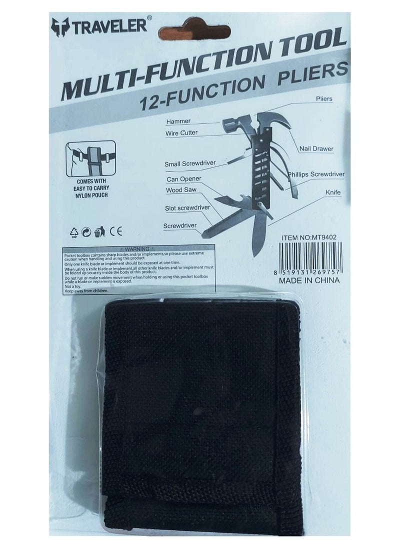 12 in 1 multifunctional tool. Tools include a hammer, hatchet, and pliers on one end, and a handle that contains a folding knife blade, Phillips screwdriver, saw blade, bottle opener/wrench combinatio