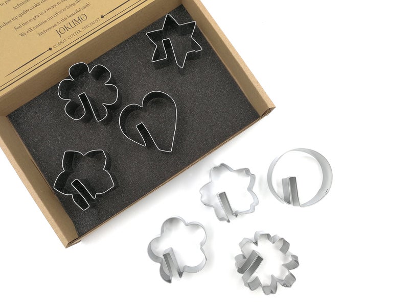 JOKUMO Bite Sized Over the Edge Mug Rim Cookie Cutters Set 8 PC High Grade 430 Stainless Steel Hexagram Circle Heart and 5 variation of Flower