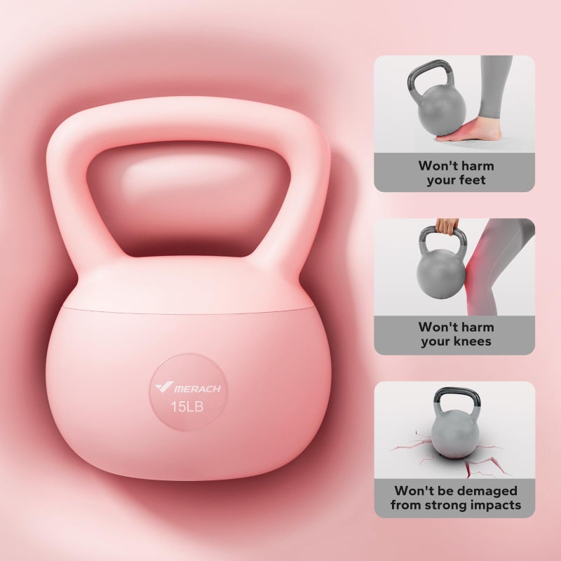 MERACH Soft Kettlebells, Strength Training Kettlebell with Wide Non-Slip Handle, Sea and Iron Sand Filled Kettle Bell with Soft-Sided Cushioned Base for Home Workouts, Ideal for Men, Women(Pink 15lbs) - Image 3