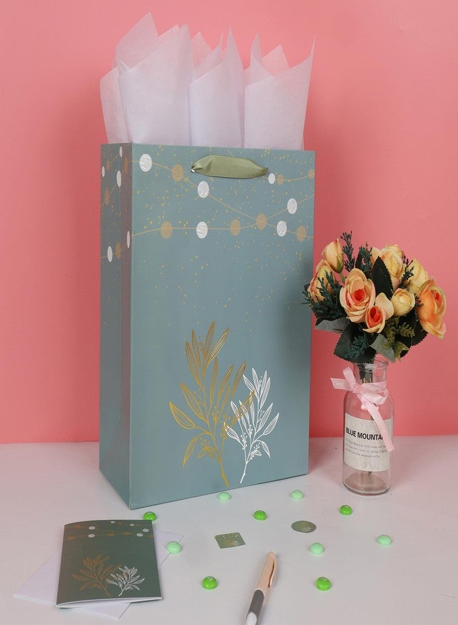 wishinside 13” Large Green Gift Bag Set with Handles, Greeting Card, Tissue Papers and Stickers for Women Girls for Birthday, Wedding, Anniversary and Mother’s Day, Gold Foil Botanical Design, 1 Pcs - Image 5