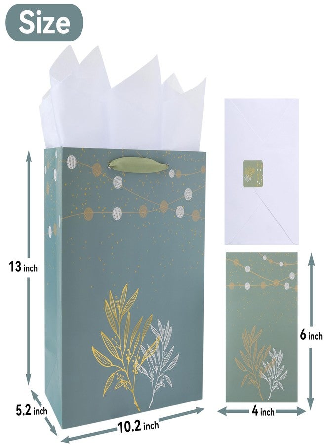 wishinside 13” Large Green Gift Bag Set with Handles, Greeting Card, Tissue Papers and Stickers for Women Girls for Birthday, Wedding, Anniversary and Mother’s Day, Gold Foil Botanical Design, 1 Pcs - Image 2