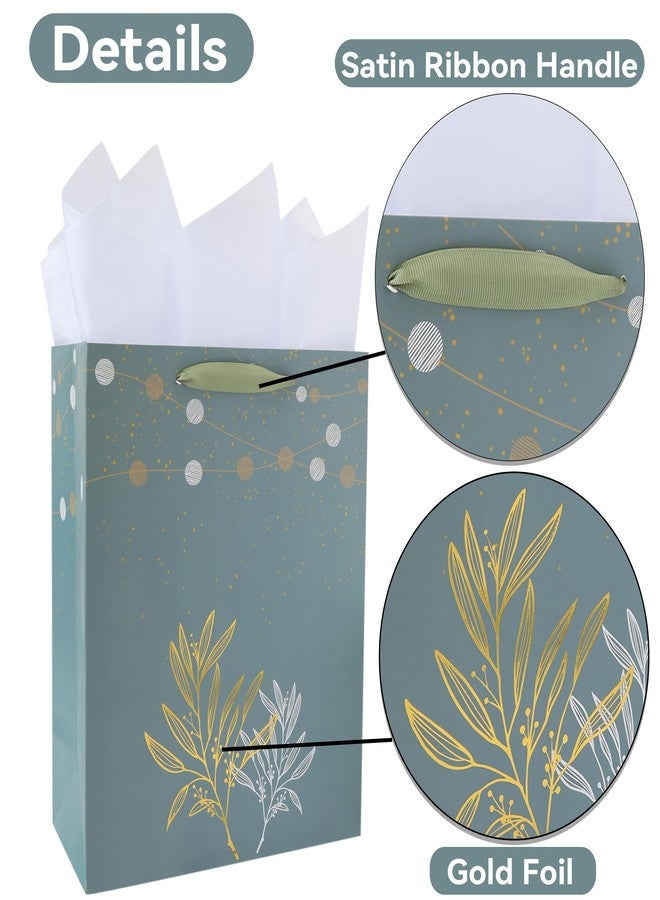wishinside 13” Large Green Gift Bag Set with Handles, Greeting Card, Tissue Papers and Stickers for Women Girls for Birthday, Wedding, Anniversary and Mother’s Day, Gold Foil Botanical Design, 1 Pcs - Image 4