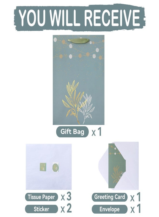wishinside 13” Large Green Gift Bag Set with Handles, Greeting Card, Tissue Papers and Stickers for Women Girls for Birthday, Wedding, Anniversary and Mother’s Day, Gold Foil Botanical Design, 1 Pcs - Image 3