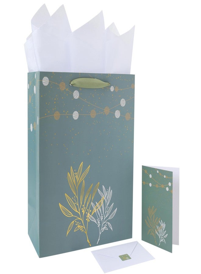 wishinside 13” Large Green Gift Bag Set with Handles, Greeting Card, Tissue Papers and Stickers for Women Girls for Birthday, Wedding, Anniversary and Mother’s Day, Gold Foil Botanical Design, 1 Pcs - Image 1