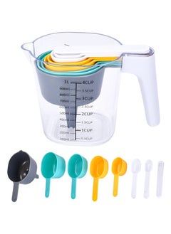 9 PCS Plastic Measuring Cups Set, Accurate Measurements, Compact Stackable Design, Multicolored Cups and Transparent Main Measurer, Food-Grade Material for Kitchen Cooking, 5.2"x4.3"x7.4"
