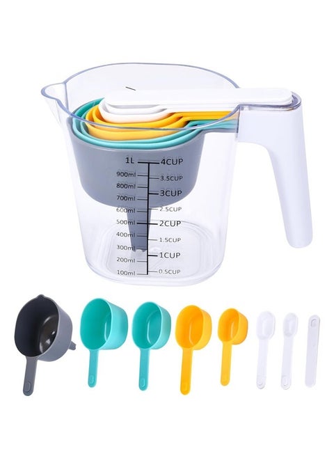 9 PCS Plastic Measuring Cups Set, Accurate Measurements, Compact Stackable Design, Multicolored Cups and Transparent Main Measurer, Food-Grade Material for Kitchen Cooking, 5.2"x4.3"x7.4"