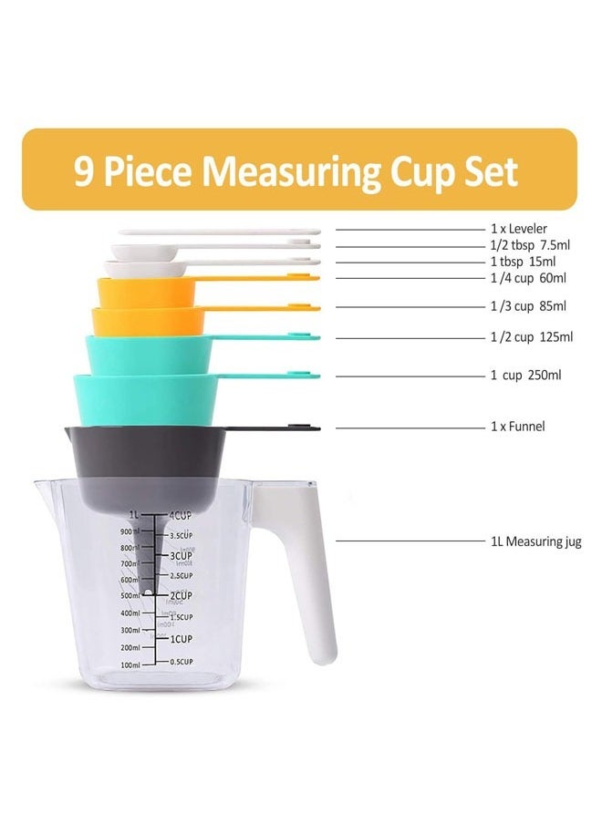 Hihonor - 9 PCS Plastic Measuring Cups Set, Accurate Measurements, Compact Stackable Design, Multicolored Cups and Transparent Main Measurer, Food-Grade Material for Kitchen Cooking, 5.2"x4.3"x7.4" - Image 1
