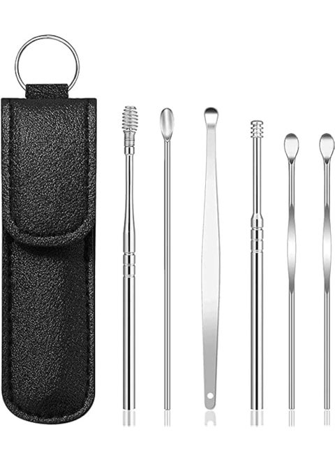 6-in-1 Earwax Removal Kit, Ear Pick Ear Cleansing Tool Set, Stainless Steel Ear Curette Spiral Ear Wax Remover Tool with Storage Bag