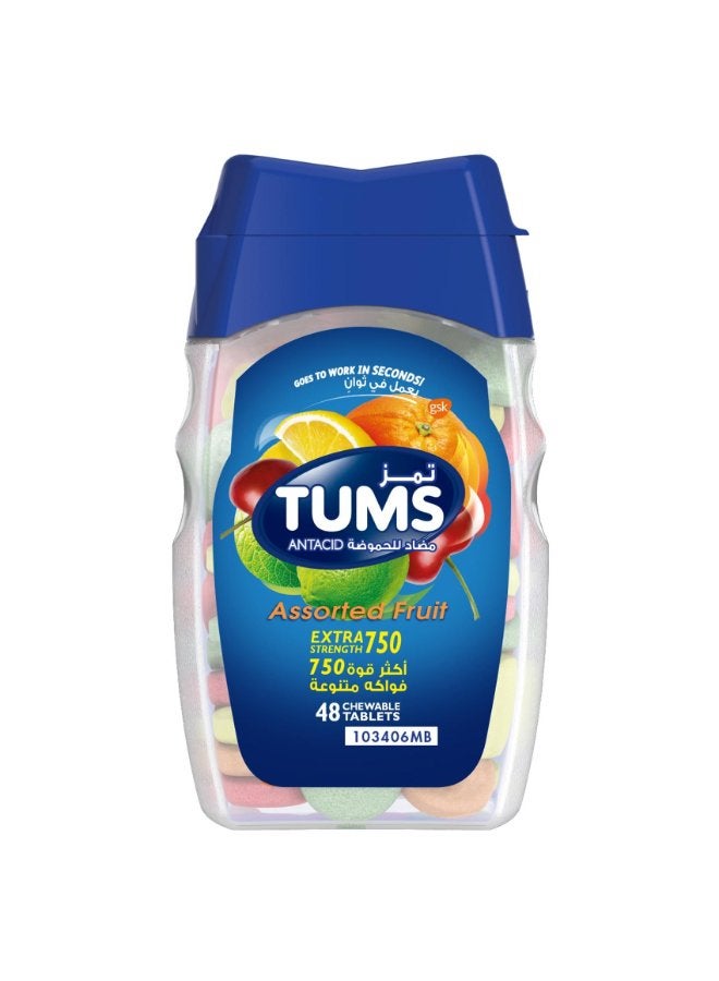 Tums Extra Strength 750mg Chewable Tablets Assorted Fruits, 48 Pieces - Image 1