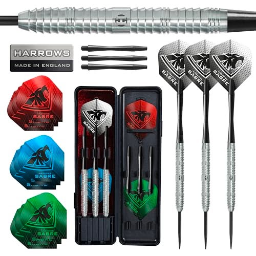 Harrows Sabre 90% Tungsten Steel Tip Darts Set I 21g to 26g All Weights Available I Huge 24pcs Bundle with Spare Shafts, Prime Flights & Travel Case 24 g - Image 1