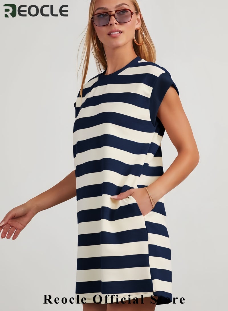 REOCLE Womens Striped Summer Dresses Crewneck Cap Sleeve Color Block Casual A Line Tshirt Dress with Pockets - Image 5