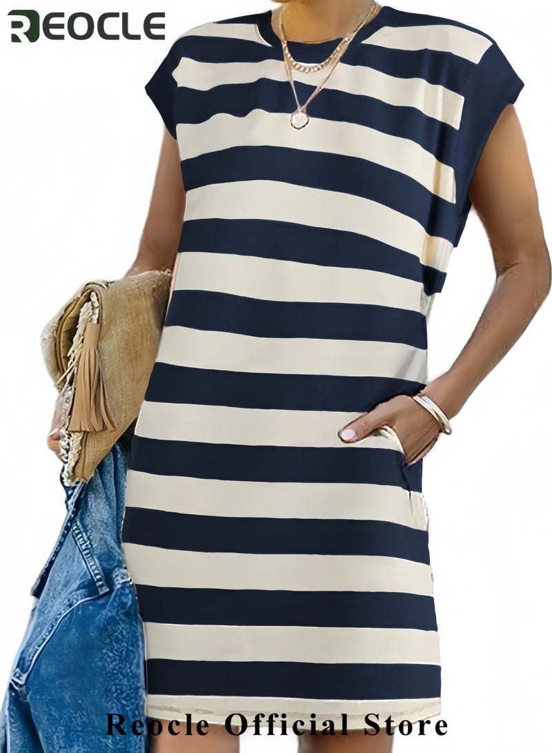 REOCLE Womens Striped Summer Dresses Crewneck Cap Sleeve Color Block Casual A Line Tshirt Dress with Pockets - Image 2