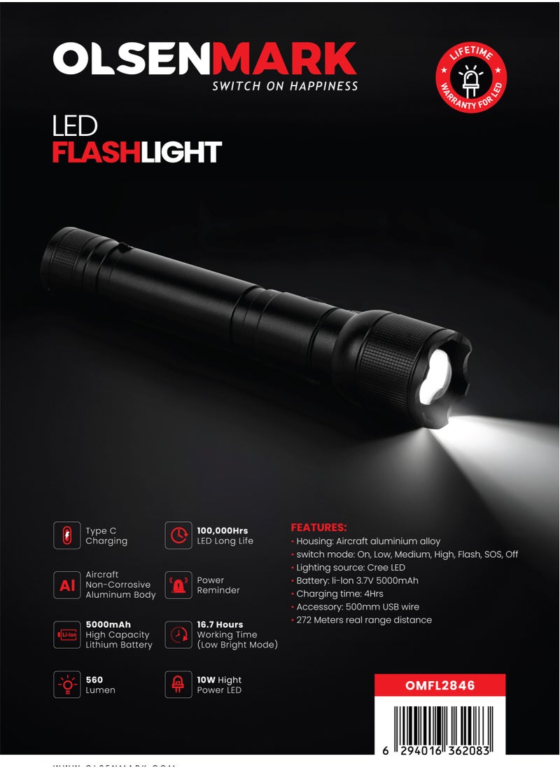 Olsenmark - Olsenmark 10W Cree LED Flashlight-OMFL2846 / with USB Wire, 560 Lumens, Type-C Charging, 16.7 Hours Working Time, 272 Meters Real Range Distance Made from Aircraft Aluminum Alloy, Different Switch Modes, High Capacity Lithium Battery , Life Time Warranty for LED - Image 1