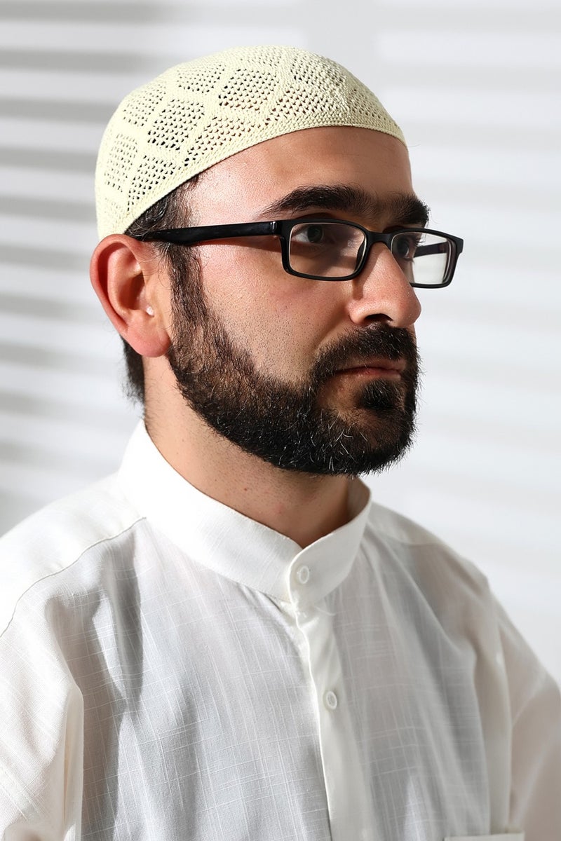 ihvanonline Machine Knitted Lace Detailed Prayer Cap Cream - Image 1