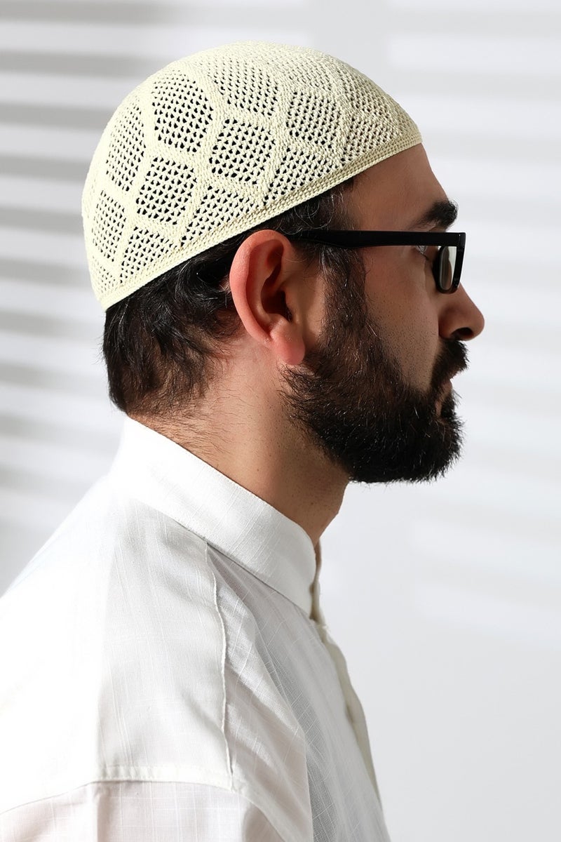 ihvanonline Machine Knitted Lace Detailed Prayer Cap Cream - Image 4