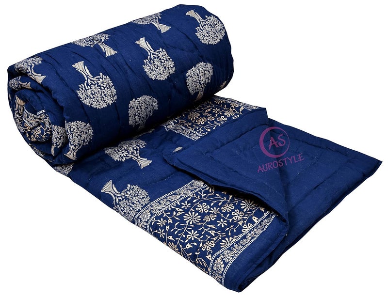 AUROSTYLE 400 TC Light Weight Pure Cotton Jaipuri Traditional Floral Design with Gold Print Double Bed Jaipuri QuiltRazaiRajai Blue 2 Double Bed 90 x 105 Inch breathable TC 400 - Image 2