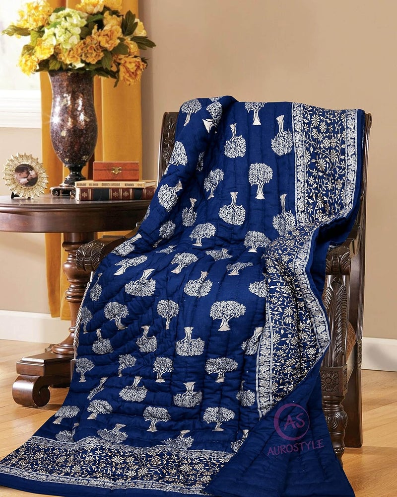 AUROSTYLE 400 TC Light Weight Pure Cotton Jaipuri Traditional Floral Design with Gold Print Double Bed Jaipuri QuiltRazaiRajai Blue 2 Double Bed 90 x 105 Inch breathable TC 400 - Image 3