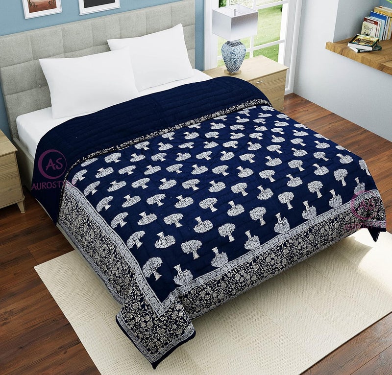 AUROSTYLE 400 TC Light Weight Pure Cotton Jaipuri Traditional Floral Design with Gold Print Double Bed Jaipuri QuiltRazaiRajai Blue 2 Double Bed 90 x 105 Inch breathable TC 400 - Image 4