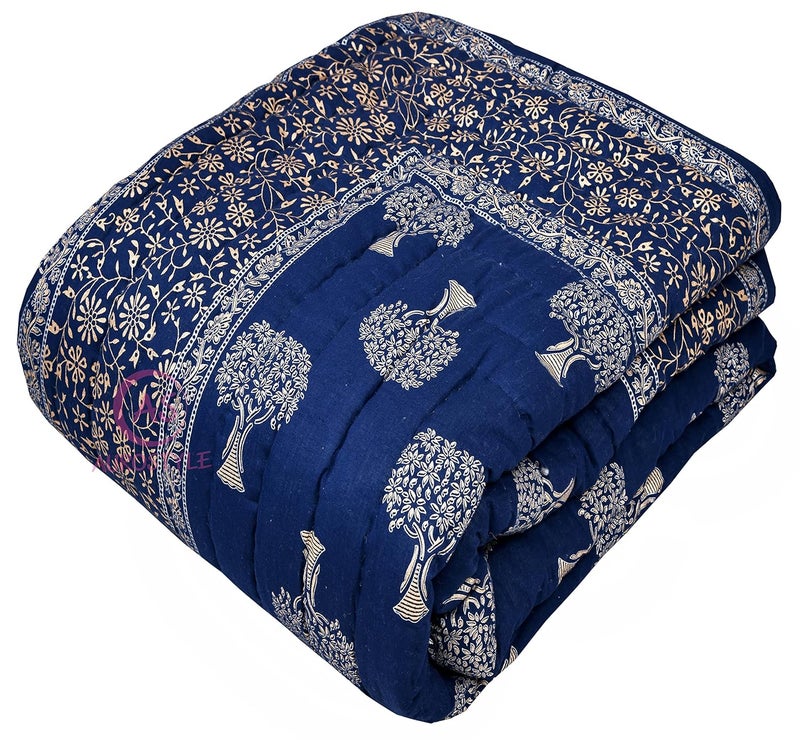 AUROSTYLE 400 TC Light Weight Pure Cotton Jaipuri Traditional Floral Design with Gold Print Double Bed Jaipuri QuiltRazaiRajai Blue 2 Double Bed 90 x 105 Inch breathable TC 400 - Image 1
