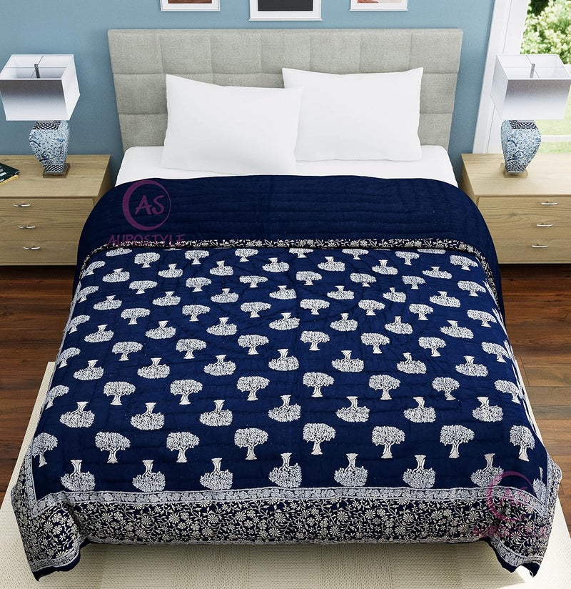 AUROSTYLE 400 TC Light Weight Pure Cotton Jaipuri Traditional Floral Design with Gold Print Double Bed Jaipuri QuiltRazaiRajai Blue 2 Double Bed 90 x 105 Inch breathable TC 400 - Image 5