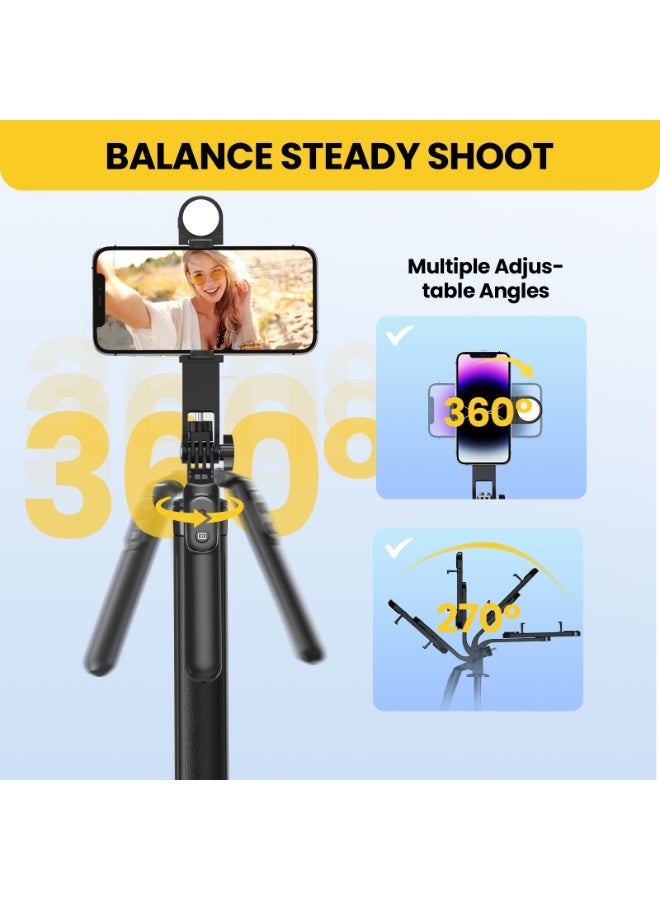 عصا سيلفي طويلة مع حامل ثلاثي القوائم من الألومنيوم، بطول 71 بوصة/180 سم، تدور 360 درجة، مناسبة للهواتف، مع جهاز تحكم عن بُعد قابل لإعادة الشحن وإضاءة LED، وبرغي 1/4 بوصة لكاميرات GoPro وتسجيلات الفيديو - view 2