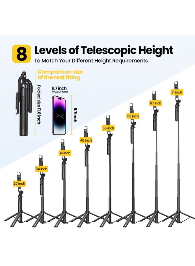 عصا سيلفي طويلة مع حامل ثلاثي القوائم من الألومنيوم، بطول 71 بوصة/180 سم، تدور 360 درجة، مناسبة للهواتف، مع جهاز تحكم عن بُعد قابل لإعادة الشحن وإضاءة LED، وبرغي 1/4 بوصة لكاميرات GoPro وتسجيلات الفيديو - view 3