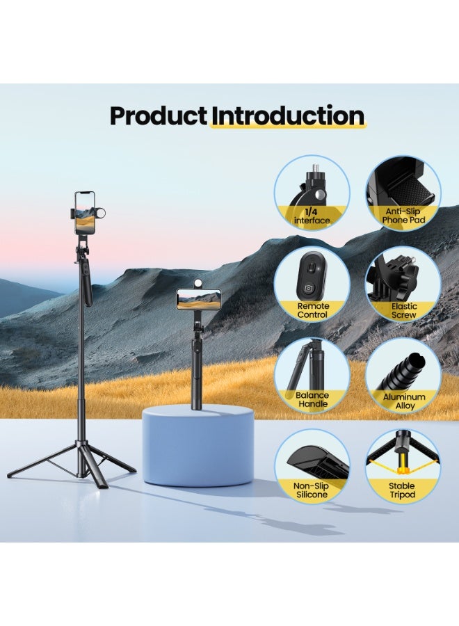 عصا سيلفي طويلة مع حامل ثلاثي القوائم من الألومنيوم، بطول 71 بوصة/180 سم، تدور 360 درجة، مناسبة للهواتف، مع جهاز تحكم عن بُعد قابل لإعادة الشحن وإضاءة LED، وبرغي 1/4 بوصة لكاميرات GoPro وتسجيلات الفيديو - view 5