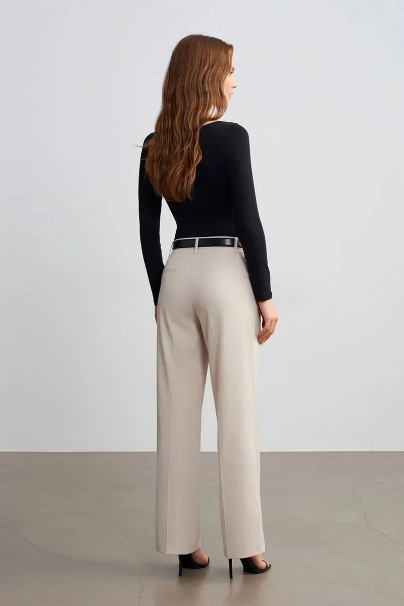 Dilvin Stone Natural DILVIN Women's High-Waist Straight-Leg Crepe Trousers for Women | Best Price UAE