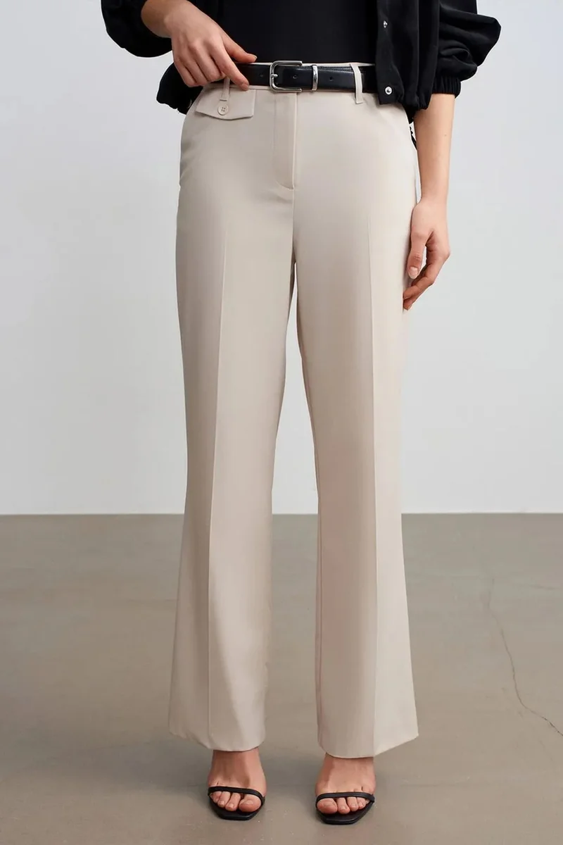 Dilvin Stone Natural DILVIN Women's High-Waist Straight-Leg Crepe Trousers for Women | Best Price UAE