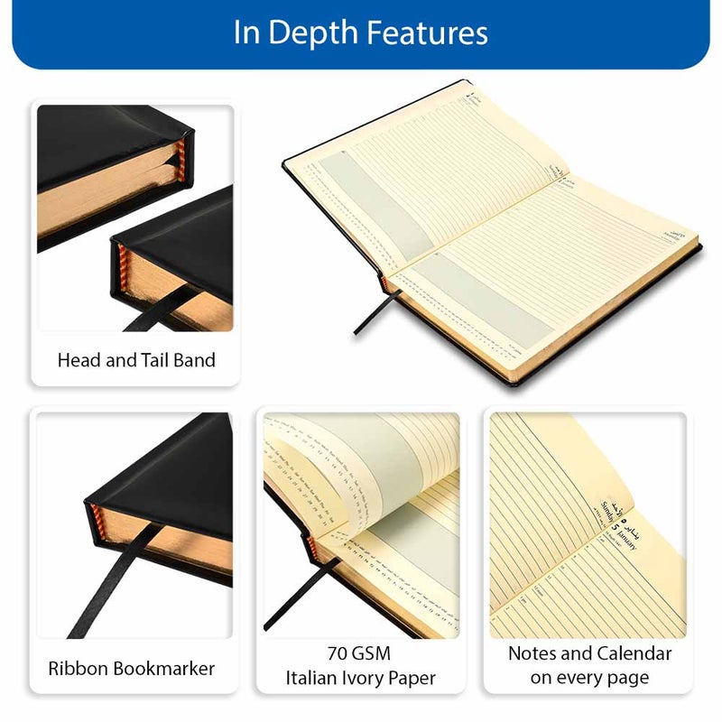 FIS مفكرة FIS 2026 الذهبية A4، 210x297 مم، غلاف جلد مركب مبطن من جهة واحدة، حواف مطلية، زوايا مدورة، عربي/إنجليزي، ورق إيطالي عاجي 70 جرام، غلاف أسود - FSDI45AEGB26BK - Image 5