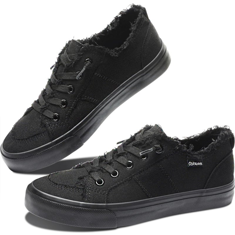 Obtaom Women's Play Fashion Sneaker Comfortable Canvas Slip on Shoes Washed Canvas Flatsï¼ˆBlack/Blackï¼ŒUS11ï¼‰ - Image 1