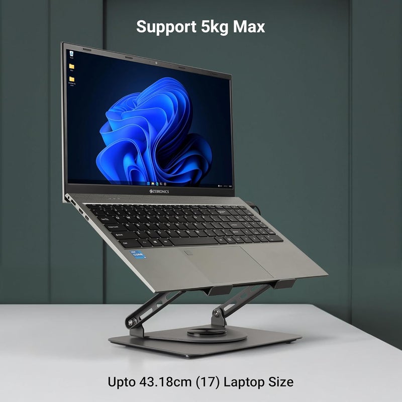 ZEBRONICS حامل لابتوب معدني دوار NS4000 PRO، حتى 17 بوصة، دوران 360°، قابل للطي، تعديل زوايا متعددة، مروحة مغناطيسية RGB قابلة للفصل بتوصيل Type C، وسادات سيليكون مضادة للانزلاق، هيكل من الصلب الكربوني - Image 2