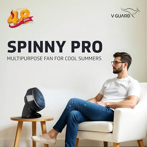 V-Guard Spinny Pro 180 mm Table & Wall Fan | 2100 RPM High-Speed Motor | 353 CFM Airflow | 3 Speed Settings | 90° Adjustable Tilt | Energy-Efficient 30 W | Durable ABS Build | Black - Image 2