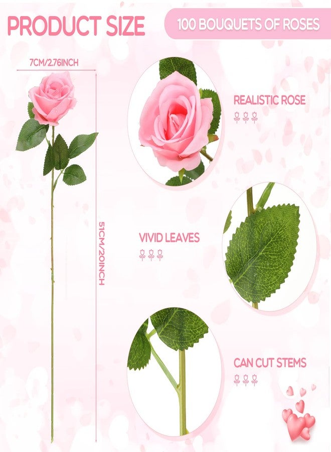 Jexine 100 Pieces Artificial Roses Flowers bulk, Long Stem Realistic Fake Silk Roses Bouquet for Table Centerpiece Vases Wedding Party Home Kitchen Decor (Pink) - Image 2
